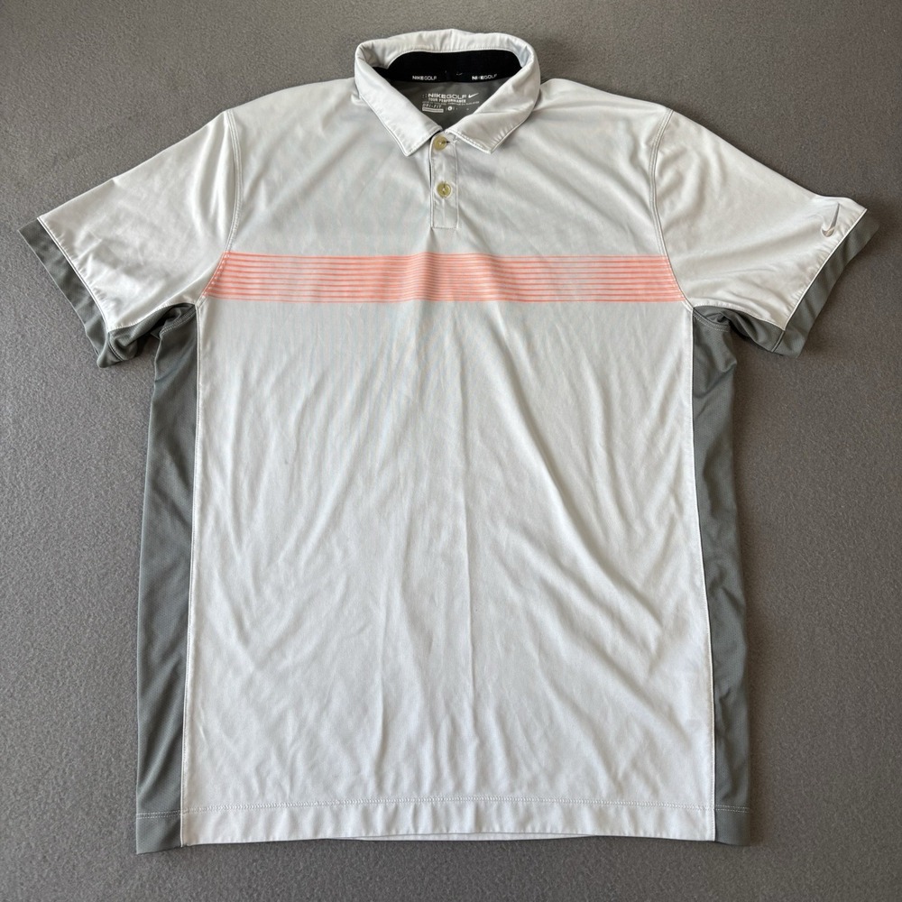 Nike Golf Dri-Fit Tour Performance Mens L Polo Shirt White Orange Stripe Outdoor